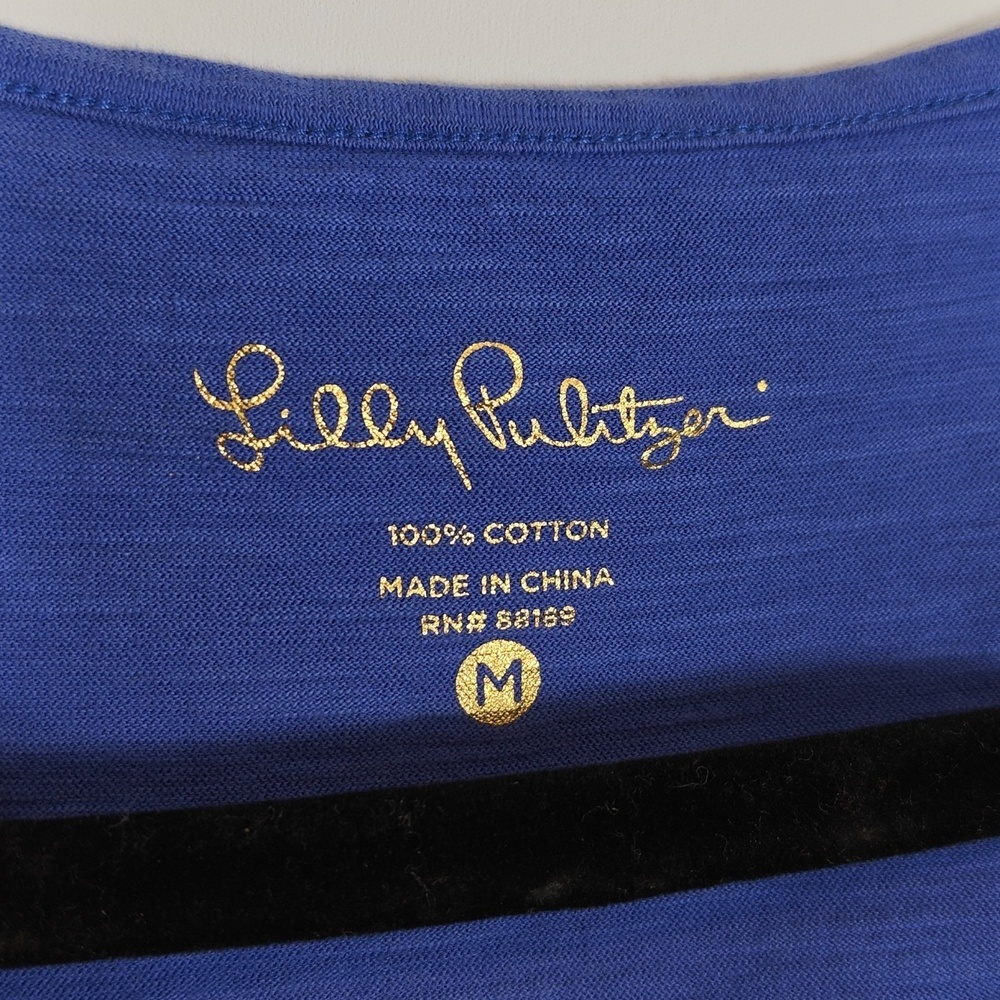 LILLY PULITZER Blue Embroidered Tassel 3/4 Sleeve V-Neck Top Size Medium - Picture 2 of 15
